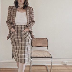 Vintage 60s Tweed Plaid Skirt in Chocolate Brown